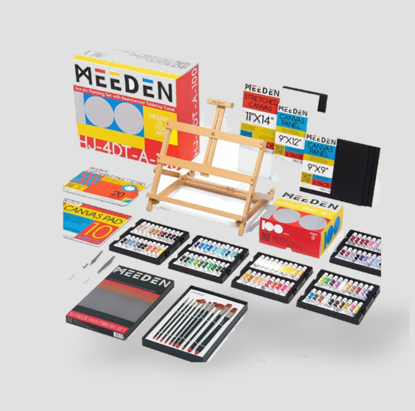 MEEDEN Acrylic Paint Set – 100 Colors, Wood Easel, Brushes & Canvases