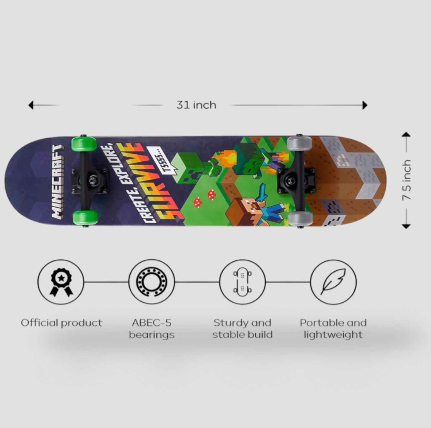 Sakar Minecraft 31-inch Skateboard – Maple Deck, Lightweight for Cruising & Tricks