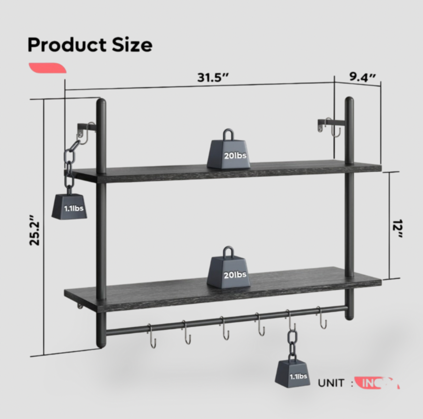 Bestier Pipe Shelf Industrial Floating Shelf – 31" Wall-Mounted with Towel Bar & Hooks
