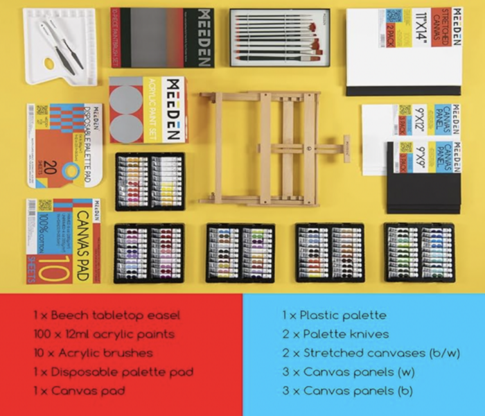 MEEDEN Acrylic Paint Set – 100 Colors, Wood Easel, Brushes & Canvases