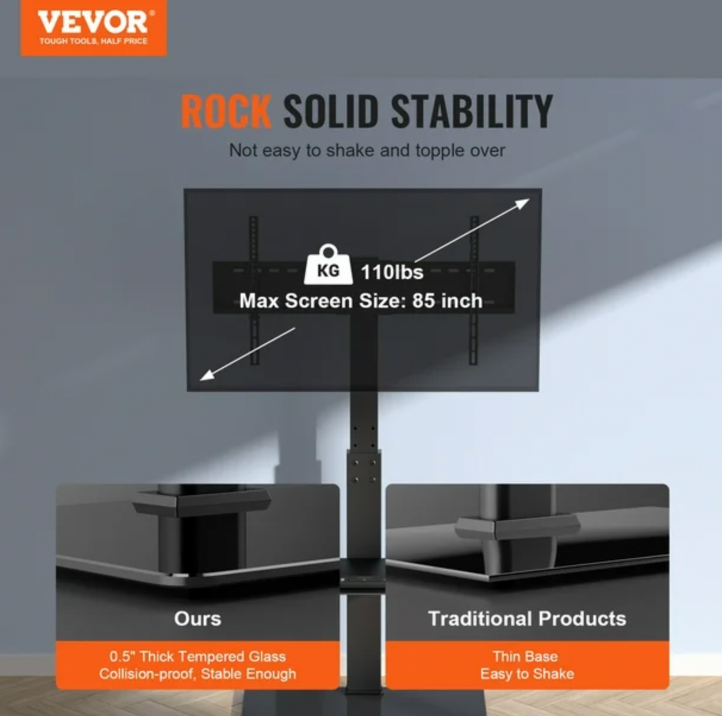 VEVOR TV Stand Mount – Swivel & Height Adjustable Floor Stand for 32” to 85” TVs with Tempered Glass Base