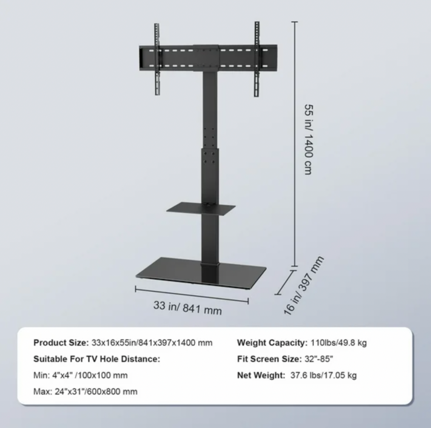 VEVOR TV Stand Mount – Swivel & Height Adjustable Floor Stand for 32” to 85” TVs with Tempered Glass Base