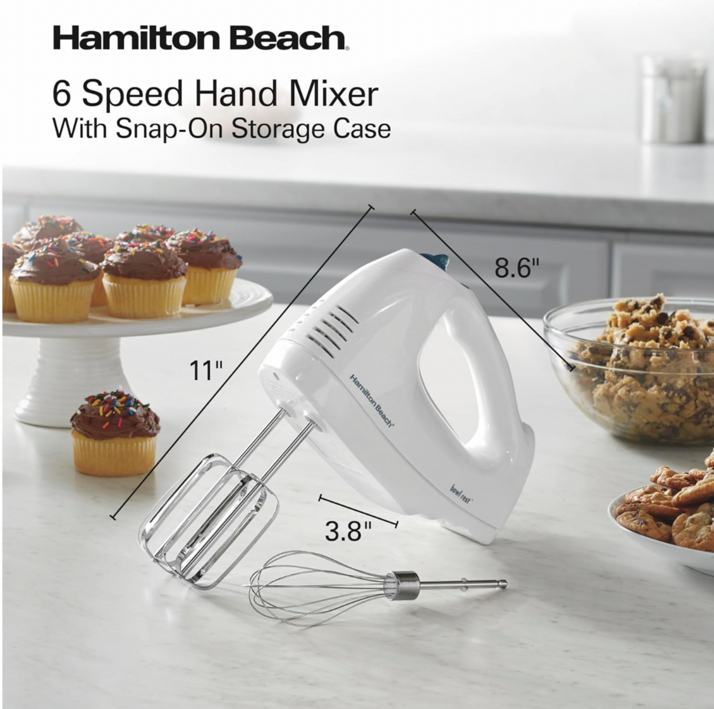 Hamilton Beach 6-Speed Electric Hand Mixer – With Whisk, Beaters, and Snap-On Storage Case, White
