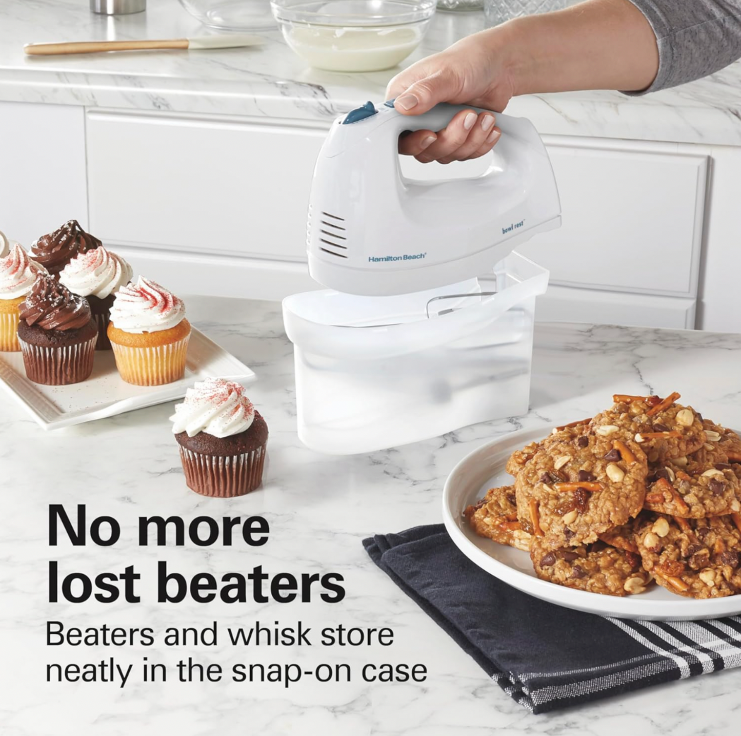 Hamilton Beach 6-Speed Electric Hand Mixer – With Whisk, Beaters, and Snap-On Storage Case, White