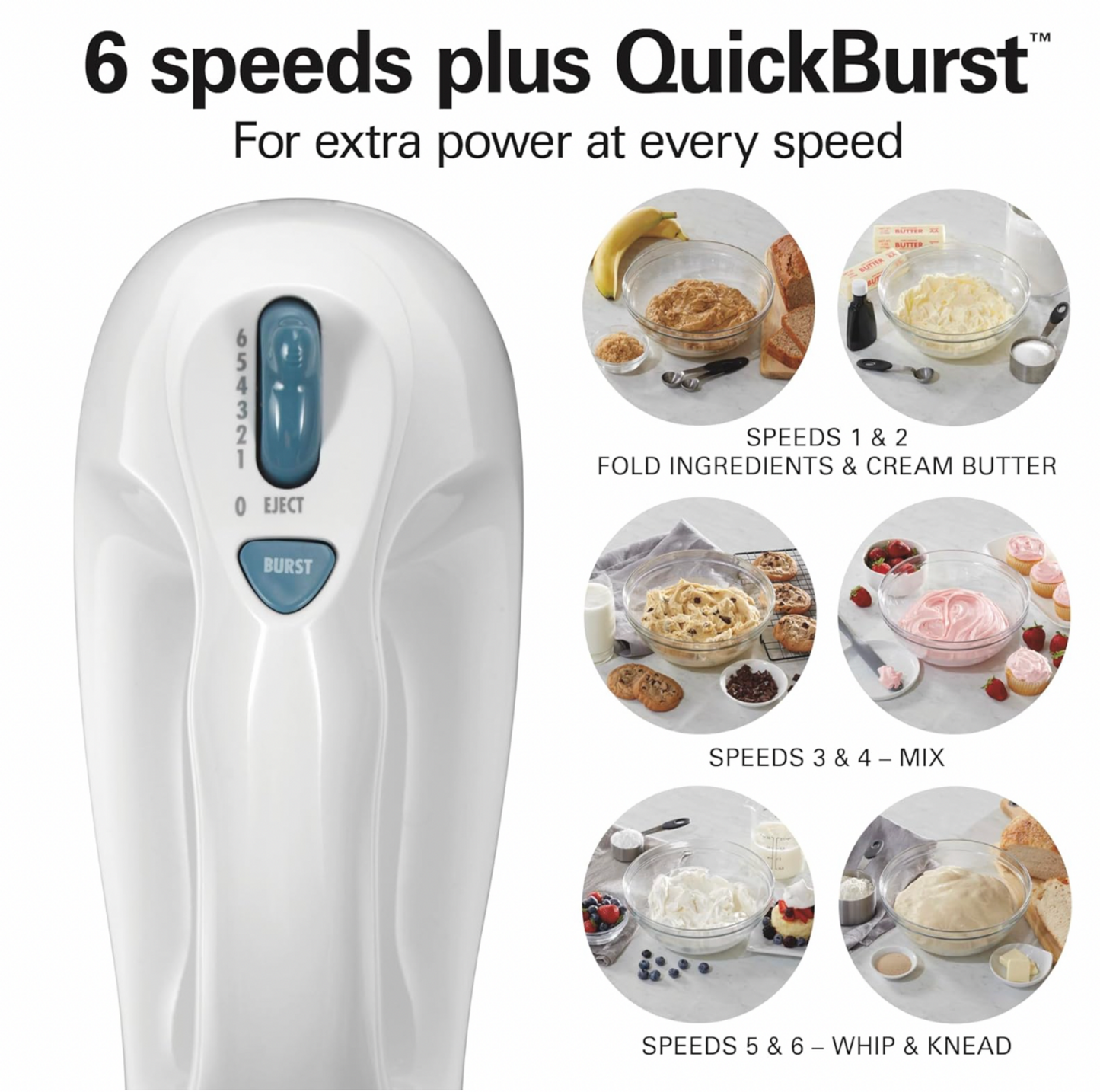 Hamilton Beach 6-Speed Electric Hand Mixer – With Whisk, Beaters, and Snap-On Storage Case, White