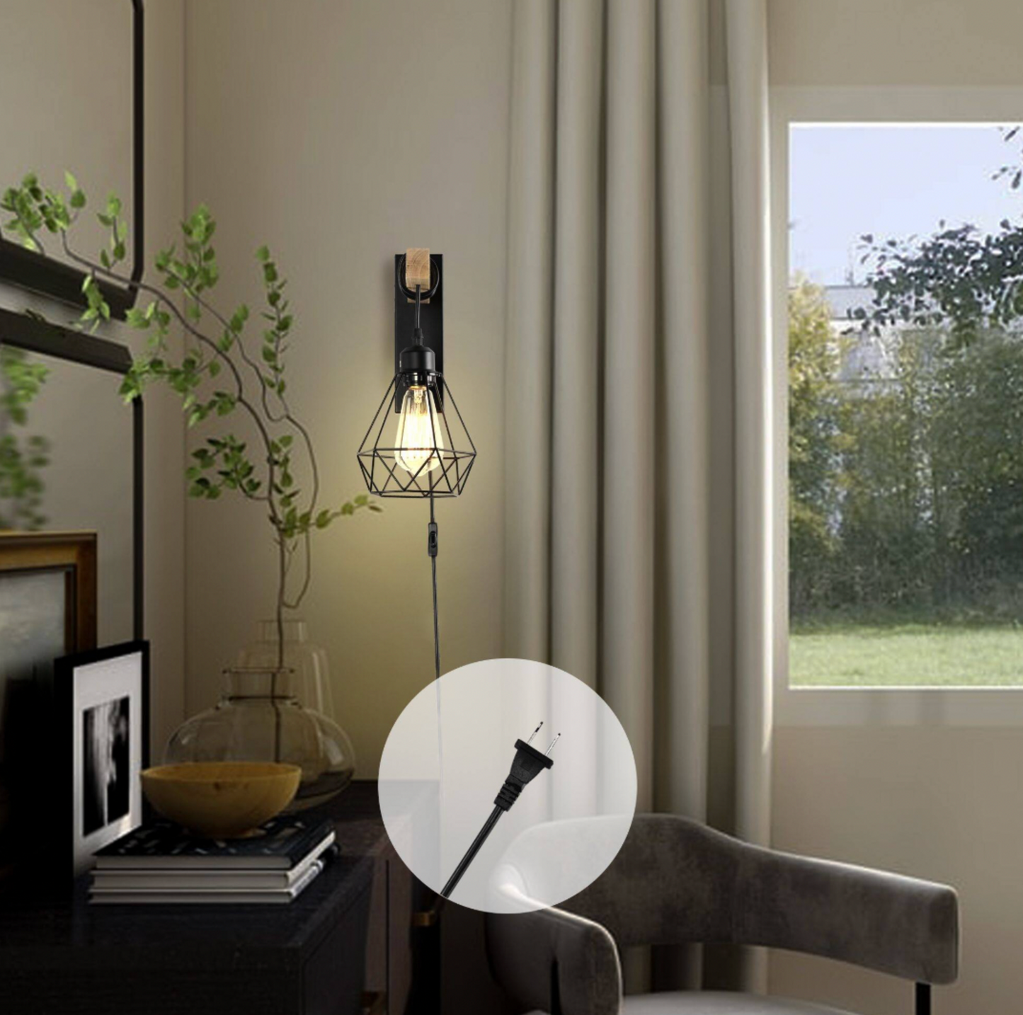 Plug-in Wall Sconces Farmhouse Wood Wall Light Fixtures Set of 2