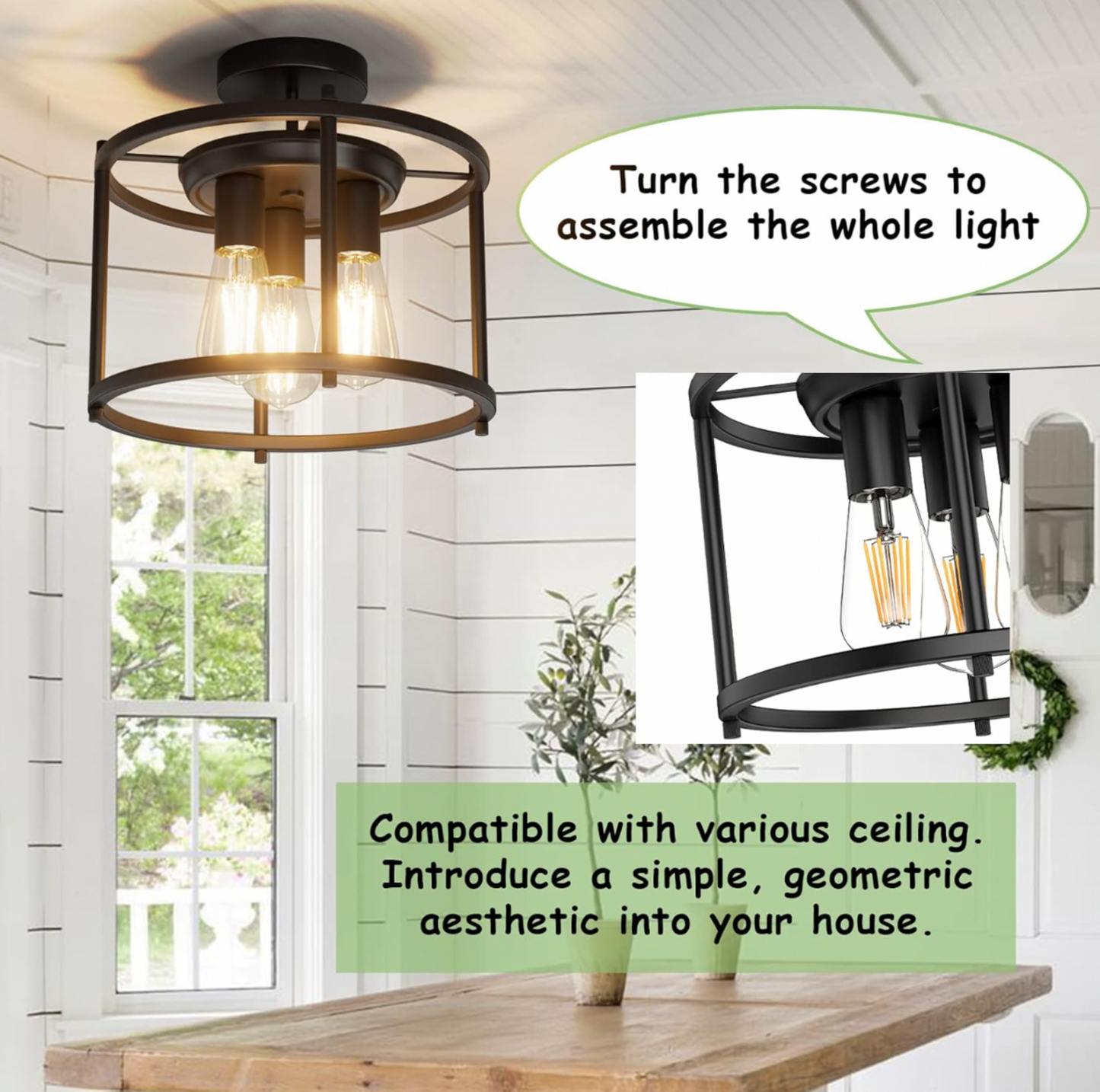 Farmhouse 3-Light Ceiling Light – Black Semi Flush Mount Fixture