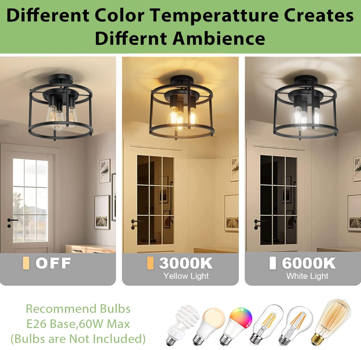 Farmhouse 3-Light Ceiling Light – Black Semi Flush Mount Fixture