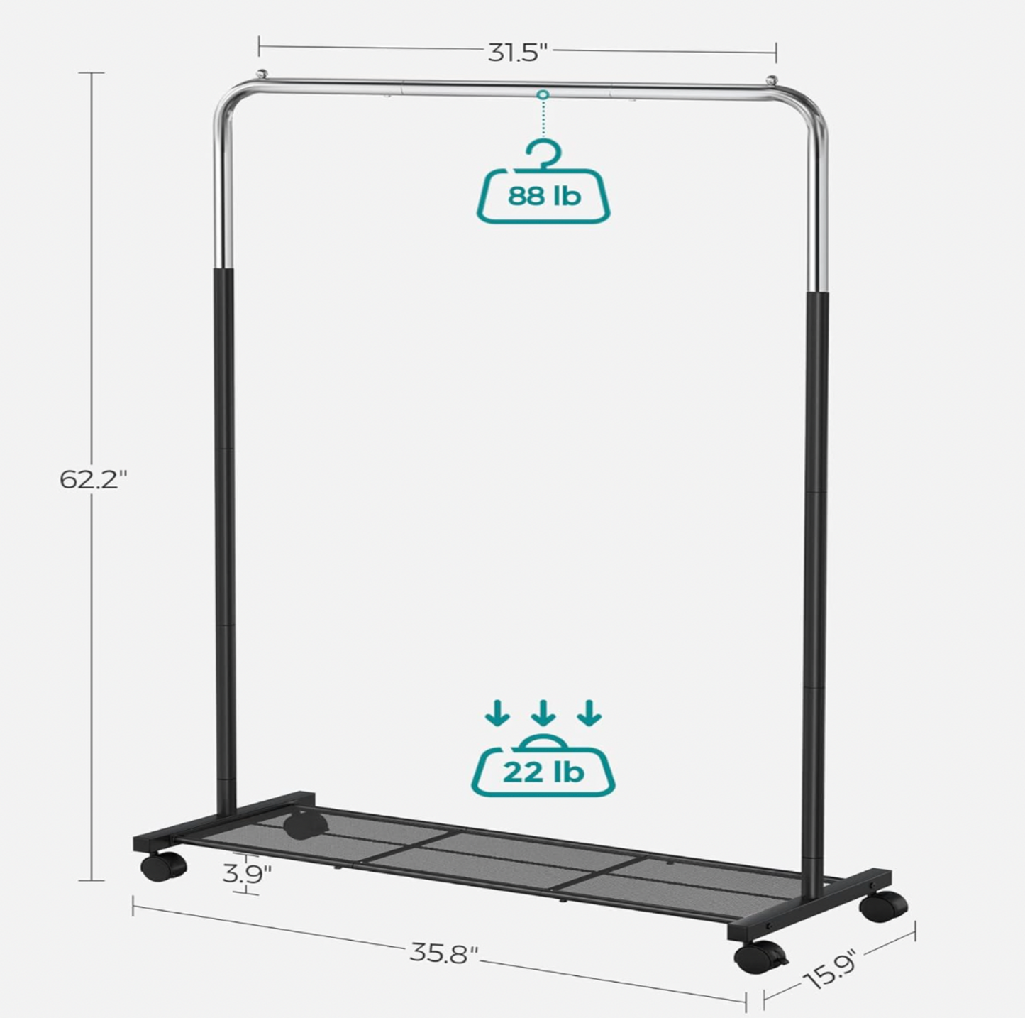 SONGMICS Clothes Rack with Wheels – 36'' Garment Rack with Shelf, 110 lb Capacity, Steel Frame, Black/Chrome