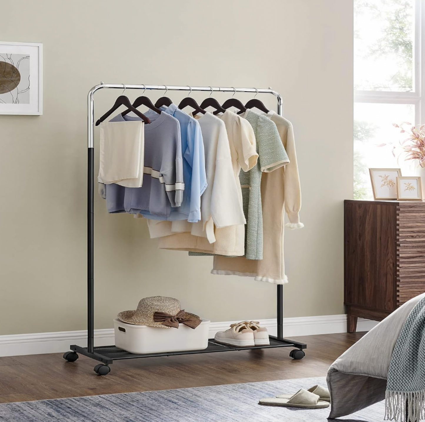 SONGMICS Clothes Rack with Wheels – 36'' Garment Rack with Shelf, 110 lb Capacity, Steel Frame, Black/Chrome