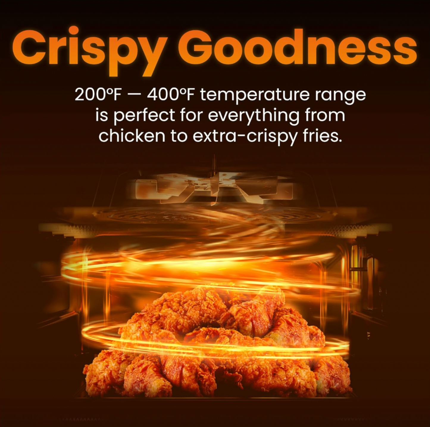 Intérieur de friteuse à air ouvert avec morceaux de poulet frit doré et illustration de chaleur tourbillonnante, mention Crispy Goodness avec plage de température 200 à 400 F