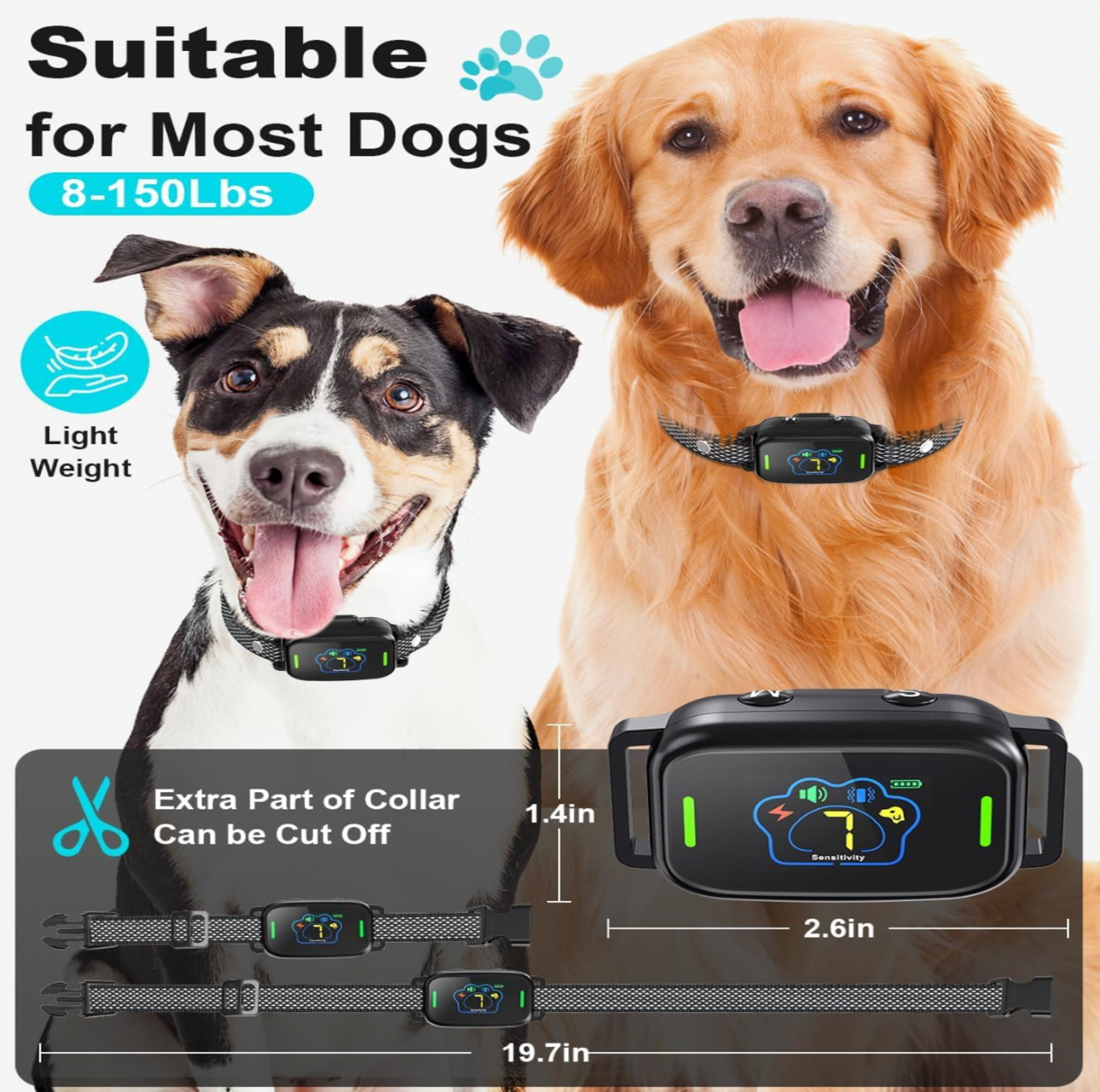 Chien noir et blanc et golden retriever portant tous deux des colliers anti-aboiement avec mentions de longueur de sangle 19,7 pouces, récepteur 1,4 x 2,6 pouces et plage de poids 8-150 lb, mention Suitable for Most Dogs