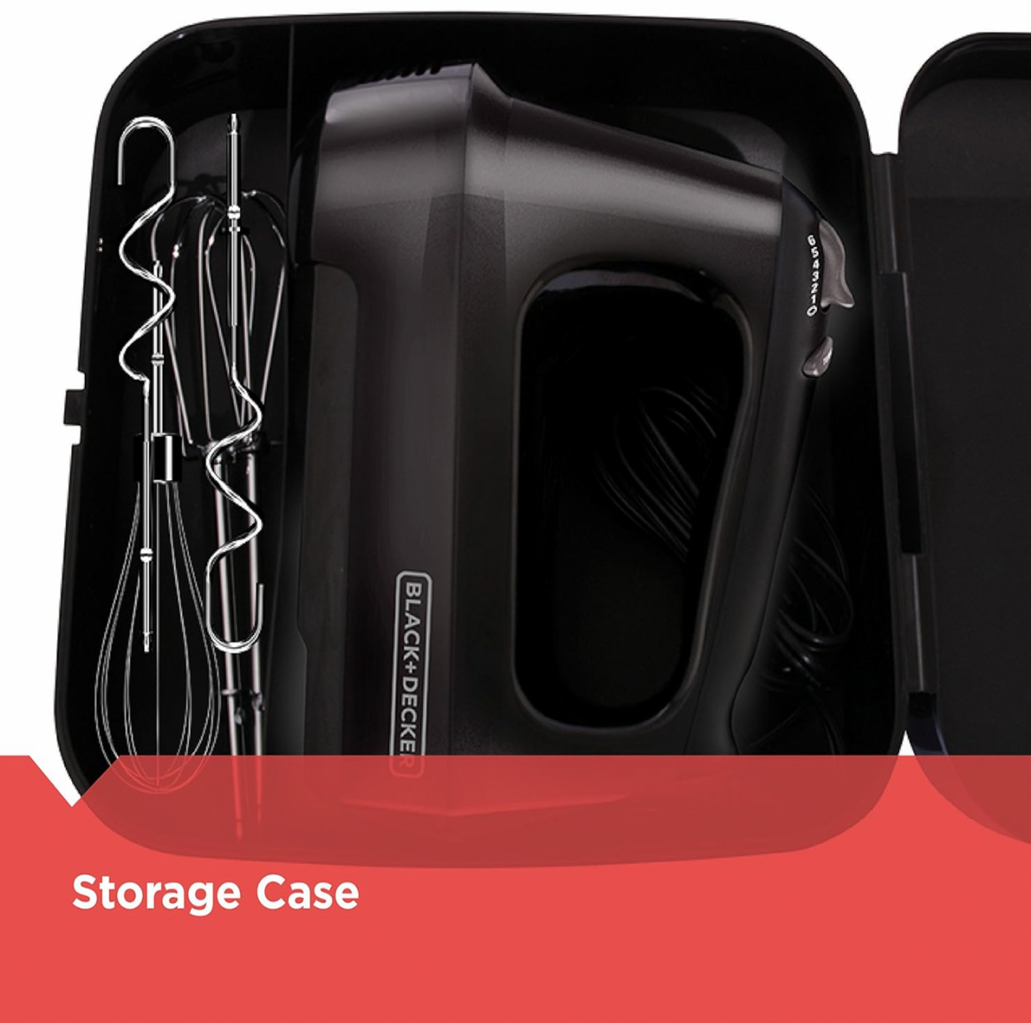 Open black storage case of BLACK+DECKER hand mixer with beaters, whisk and cord stored inside, Storage Case callout