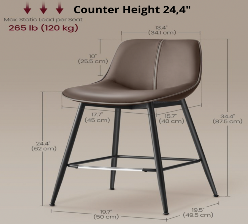 Coffee brown counter stool with counter height 24.4 inch and 265 lb capacity dimension callouts