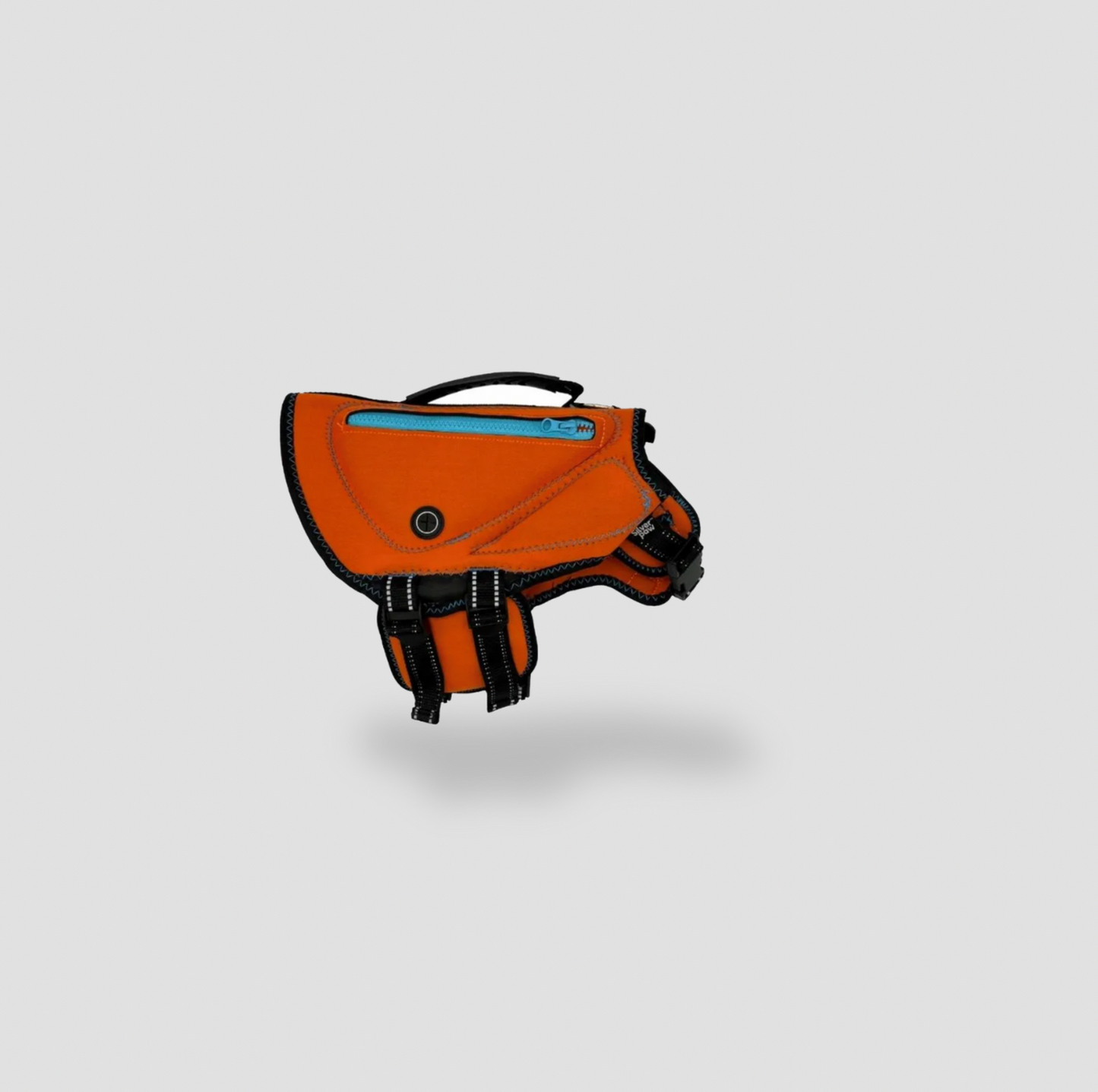 Gilet de sauvetage pour chien en néoprène orange avec poche zippée bleue, poignée sur le dessus et boucles inférieures, vue de côté