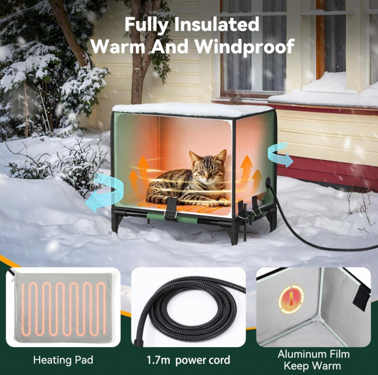 Chat tigré reposant dans la maison chauffée pour chat verte sous la neige avec flèches de circulation d'air, tapis chauffant, cordon d'alimentation de 1,7 m et encarts de film d'aluminium, mention Fully Insulated
