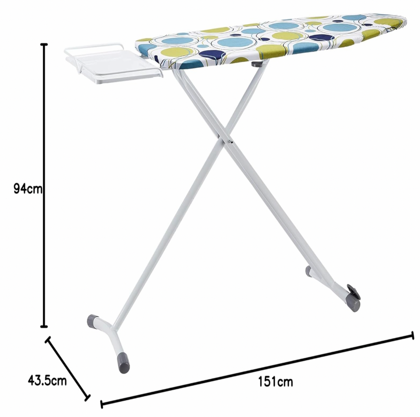 Ironing board with circles print cover showing dimensions 151 by 43.5 by 94 cm callouts