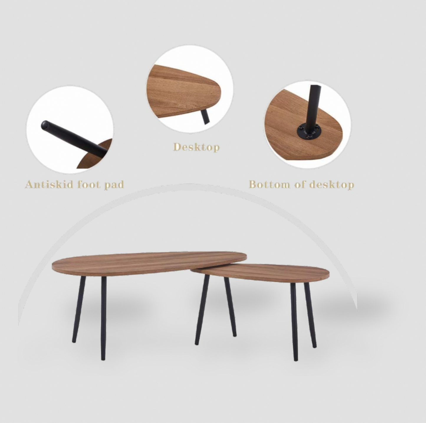 Trois encarts circulaires de détails des tables gigognes noyer montrant l'embout antidérapant, la surface du plateau et le dessous du plateau avec ensemble assemblé en dessous