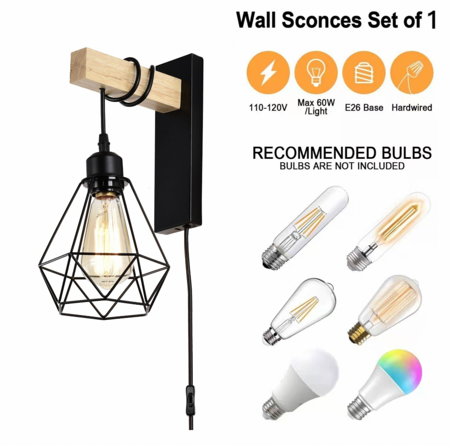 Applique murale à cage noire avec patère en bois à côté du tableau d'ampoules Edison et DEL recommandées et spécifications électriques