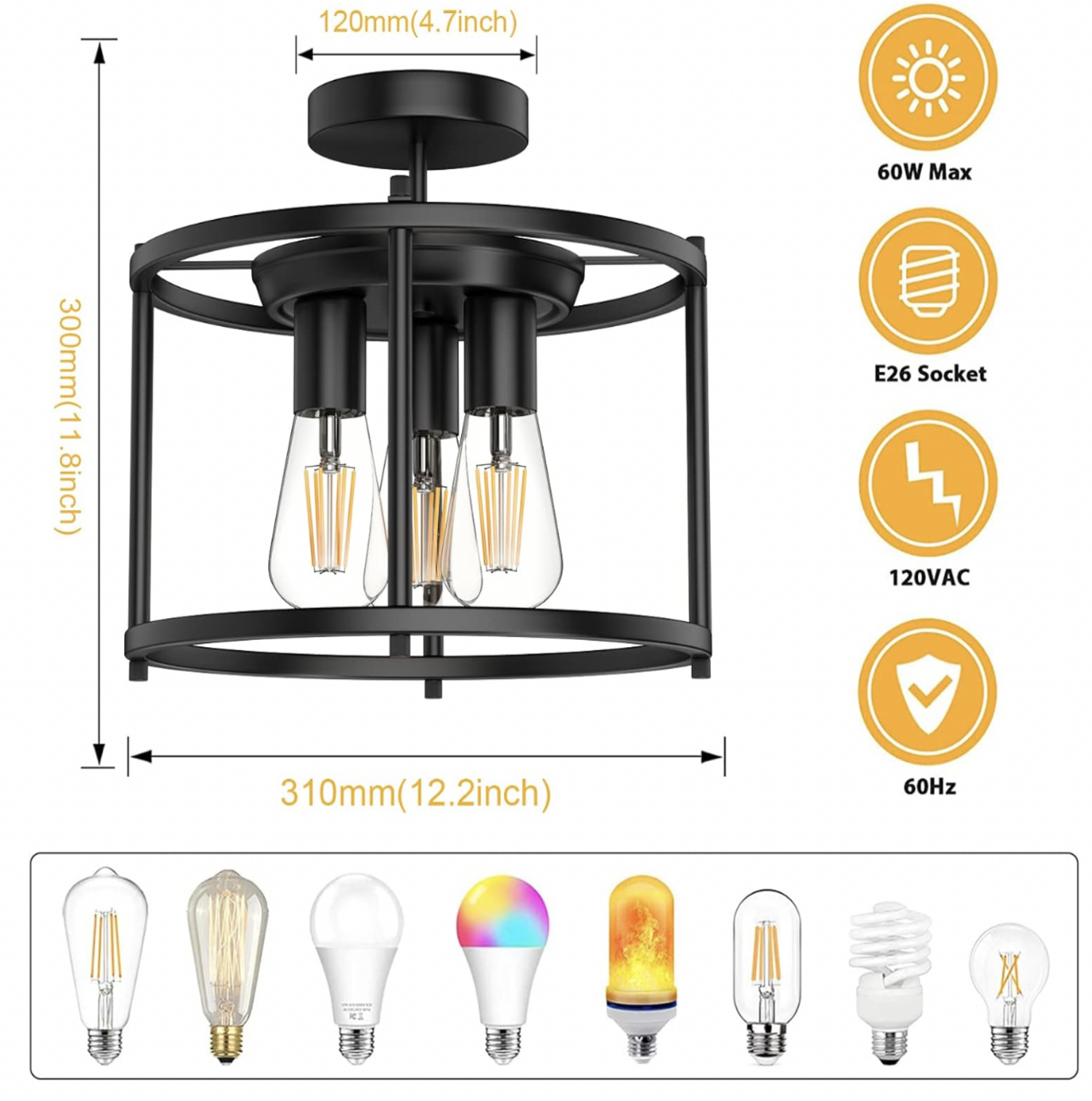 Plafonnier à cage 3 lumières noir avec dimensions 310 x 300 mm, douille E26, 60W et tableau de compatibilité d'ampoules