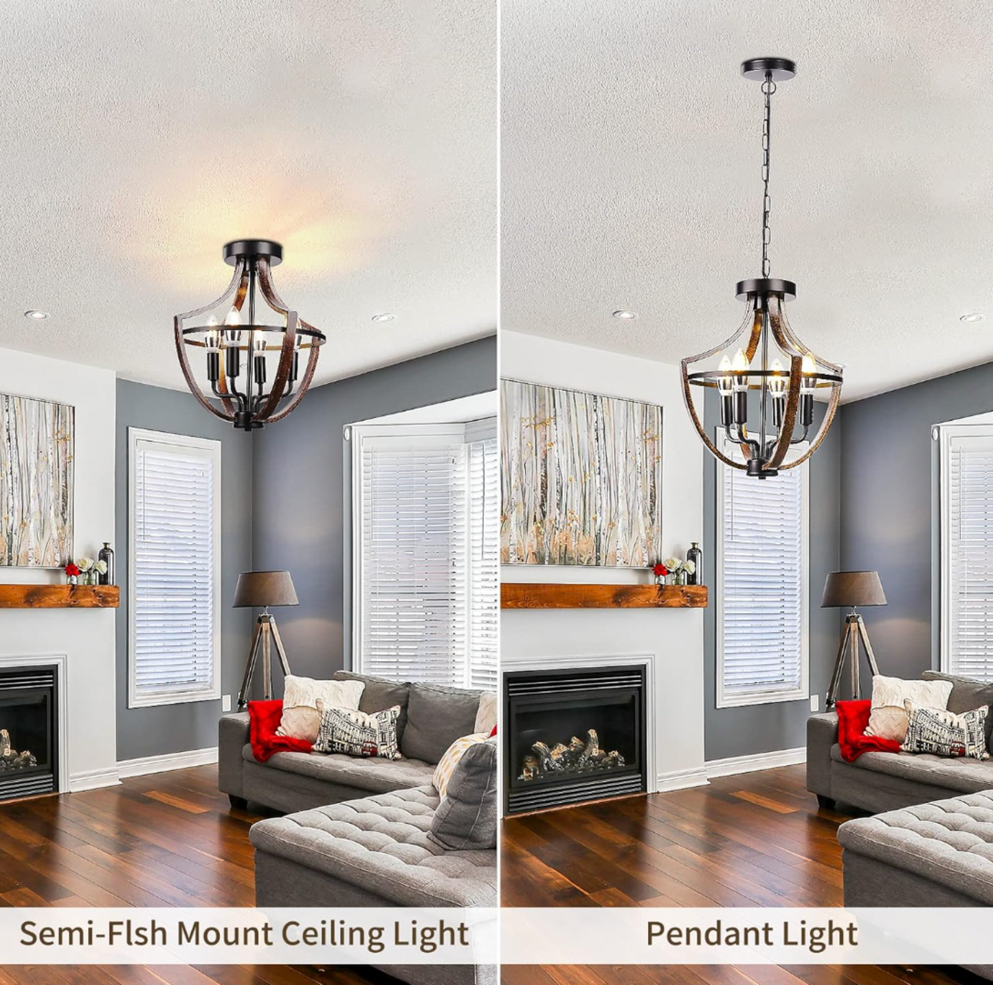Comparaison côte à côte du lustre cage installé en plafonnier semi-encastré à gauche et en suspension à droite dans le même salon