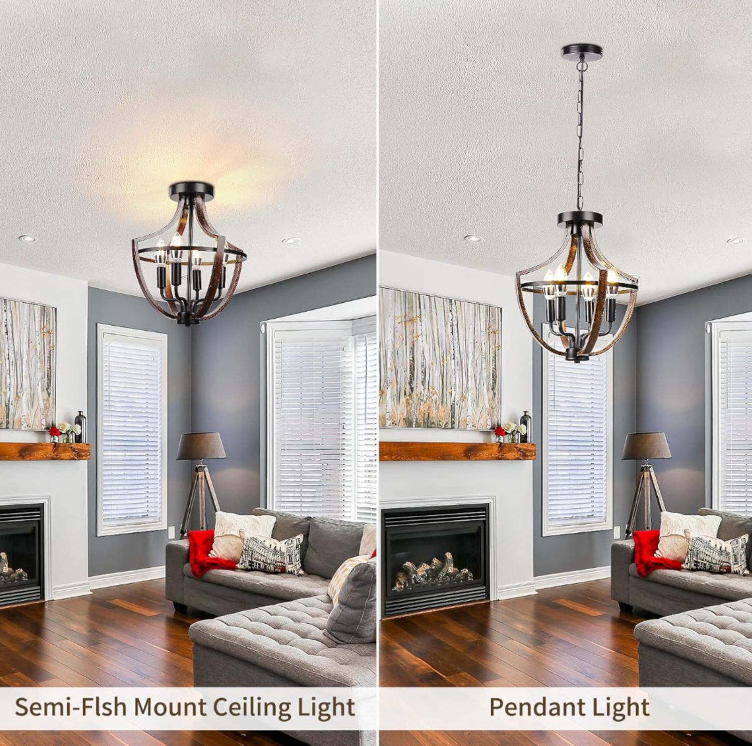 Comparaison côte à côte du lustre cage installé en plafonnier semi-encastré à gauche et en suspension à droite dans le même salon
