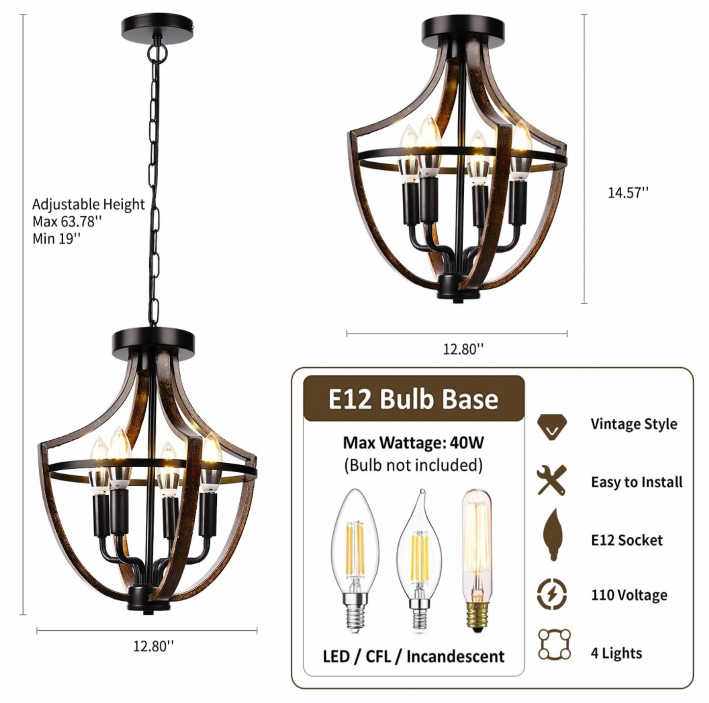 Lustre montré en configurations suspension et semi-encastré avec mentions de largeur 12,8 pouces, hauteur 14,57 pouces et chaîne ajustable 19 à 63,78 pouces et tableau de spécifications E12 Bulb Base
