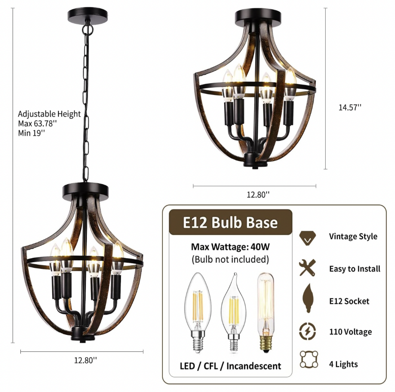Lustre montré en configurations suspension et semi-encastré avec mentions de largeur 12,8 pouces, hauteur 14,57 pouces et chaîne ajustable 19 à 63,78 pouces et tableau de spécifications E12 Bulb Base