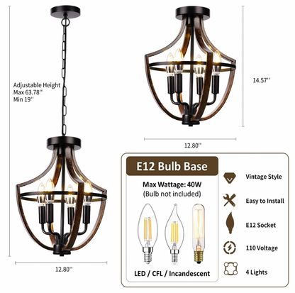 Lustre montré en configurations suspension et semi-encastré avec mentions de largeur 12,8 pouces, hauteur 14,57 pouces et chaîne ajustable 19 à 63,78 pouces et tableau de spécifications E12 Bulb Base