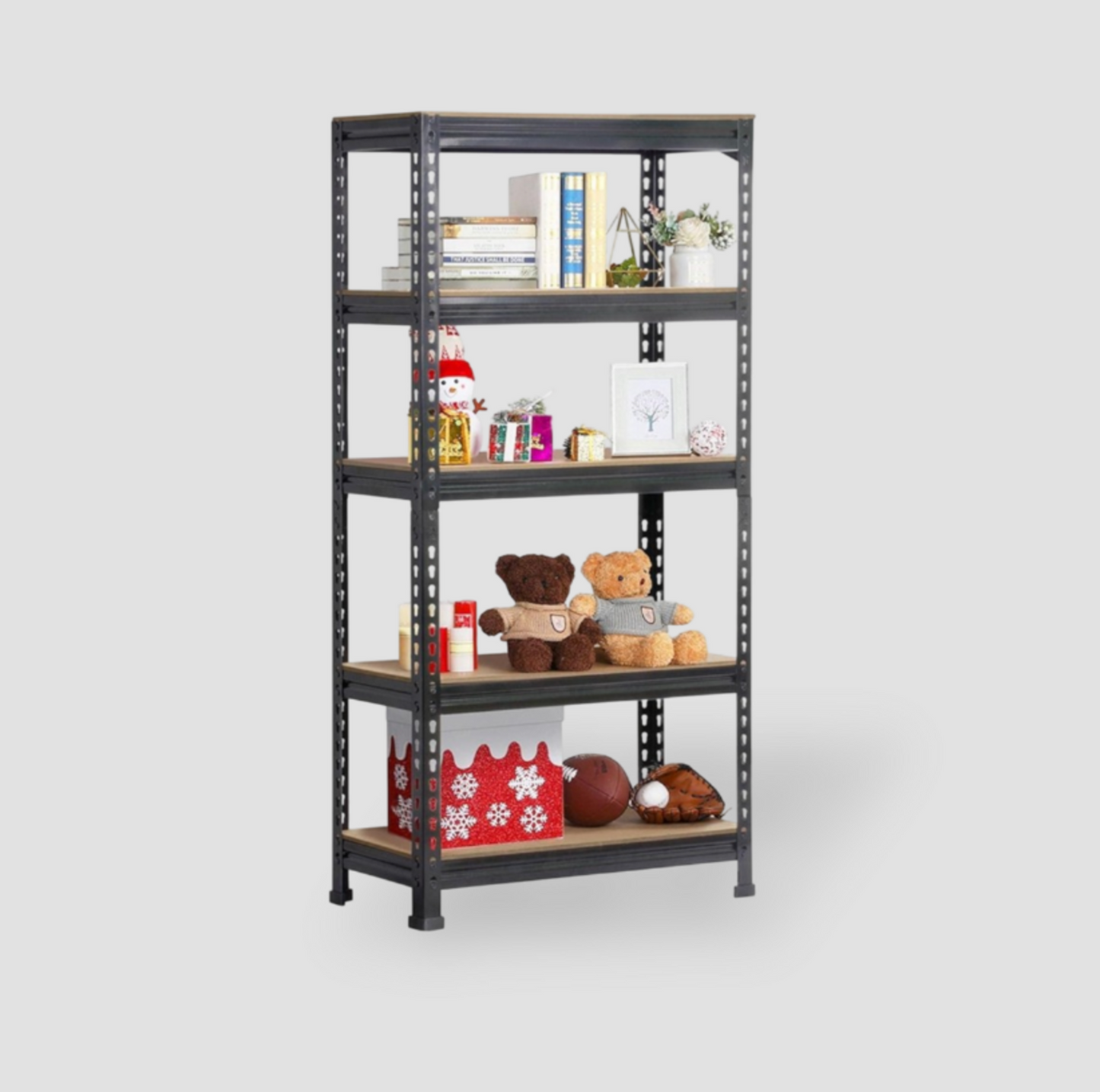 Étagère 5 niveaux noire avec décorations des Fêtes, peluches, livres et boîtes de rangement dans une salle de jeux