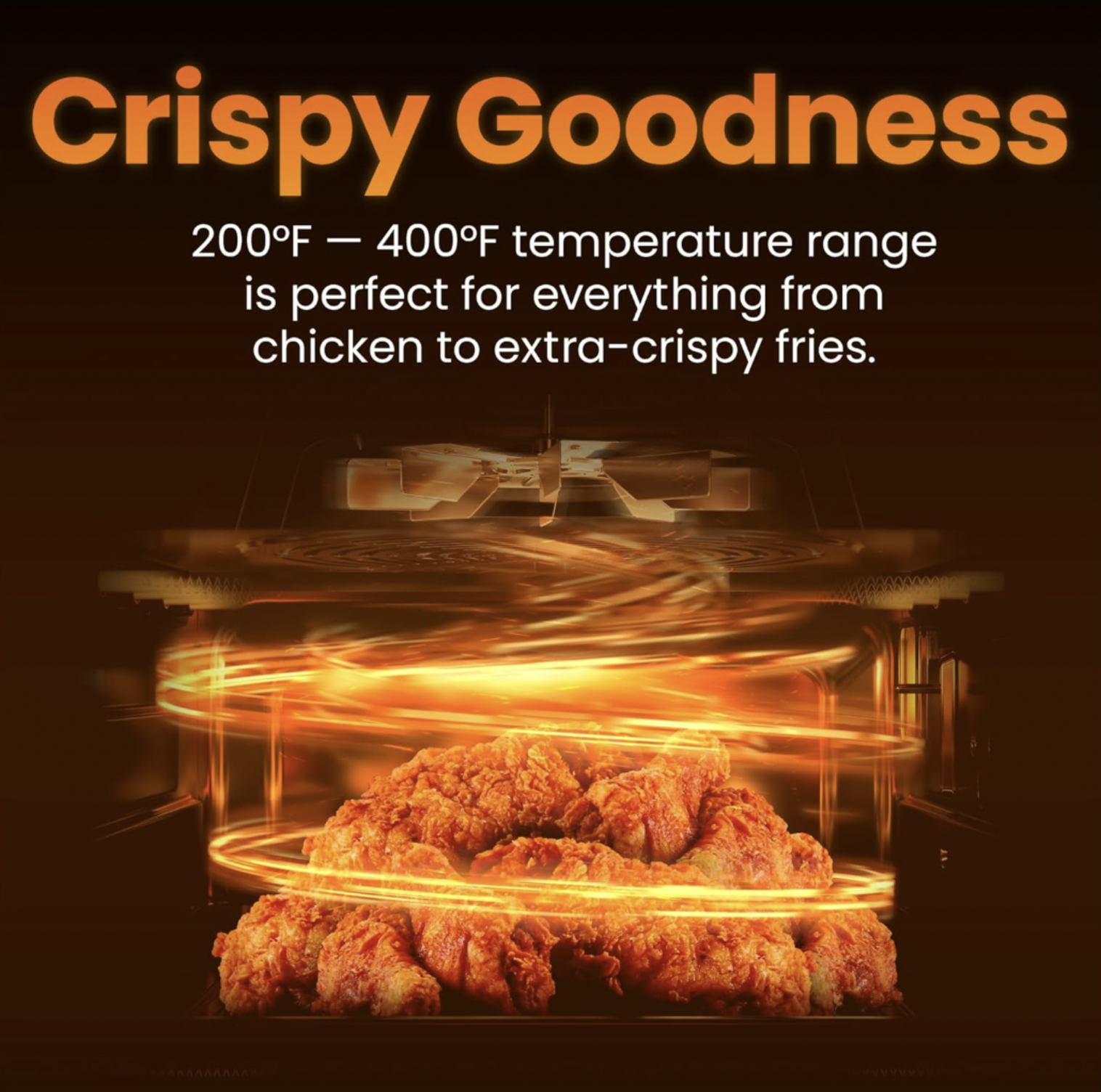 Intérieur de friteuse à air ouvert avec morceaux de poulet frit doré et illustration de chaleur tourbillonnante, mention Crispy Goodness avec plage de température 200 à 400 F