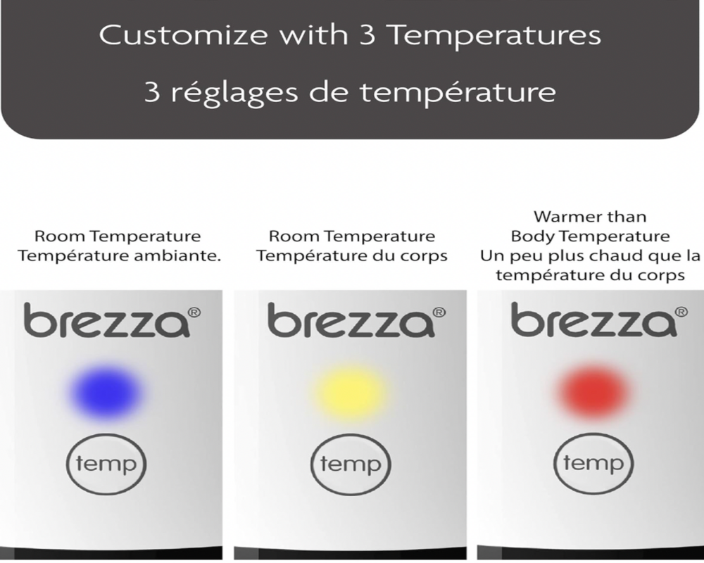 Trois unités Baby Brezza côte à côte avec pastilles de température bleue, jaune et rouge, mention bilingue 3 réglages de température