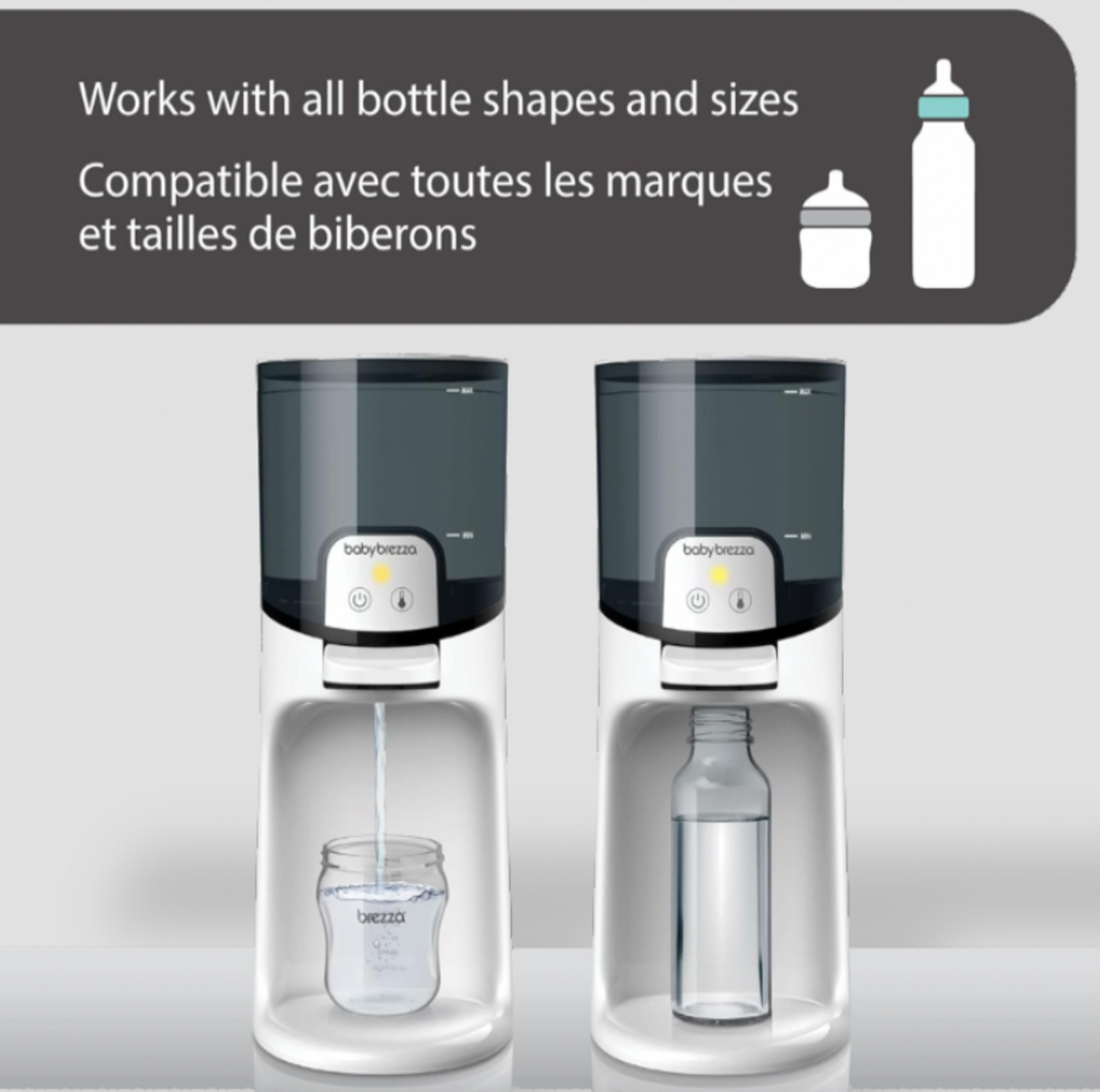 Deux chauffe-biberons Baby Brezza remplissant un biberon et une bouteille transparente avec mention Works with all bottle shapes and sizes