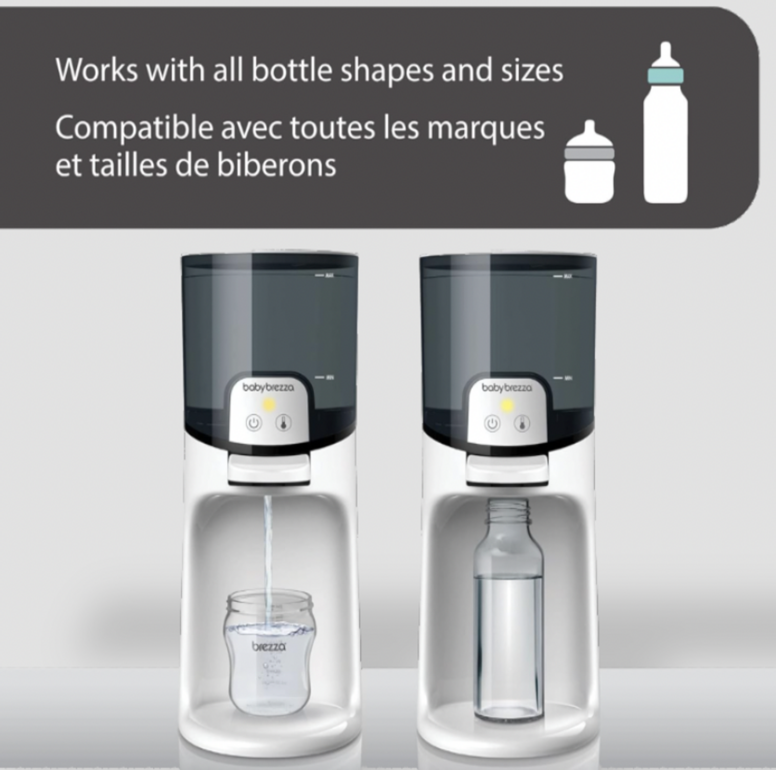 Deux chauffe-biberons Baby Brezza remplissant un biberon et une bouteille transparente avec mention Works with all bottle shapes and sizes