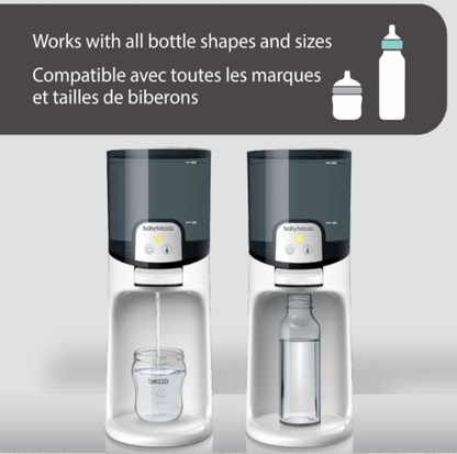 Deux chauffe-biberons Baby Brezza remplissant un biberon et une bouteille transparente avec mention Works with all bottle shapes and sizes