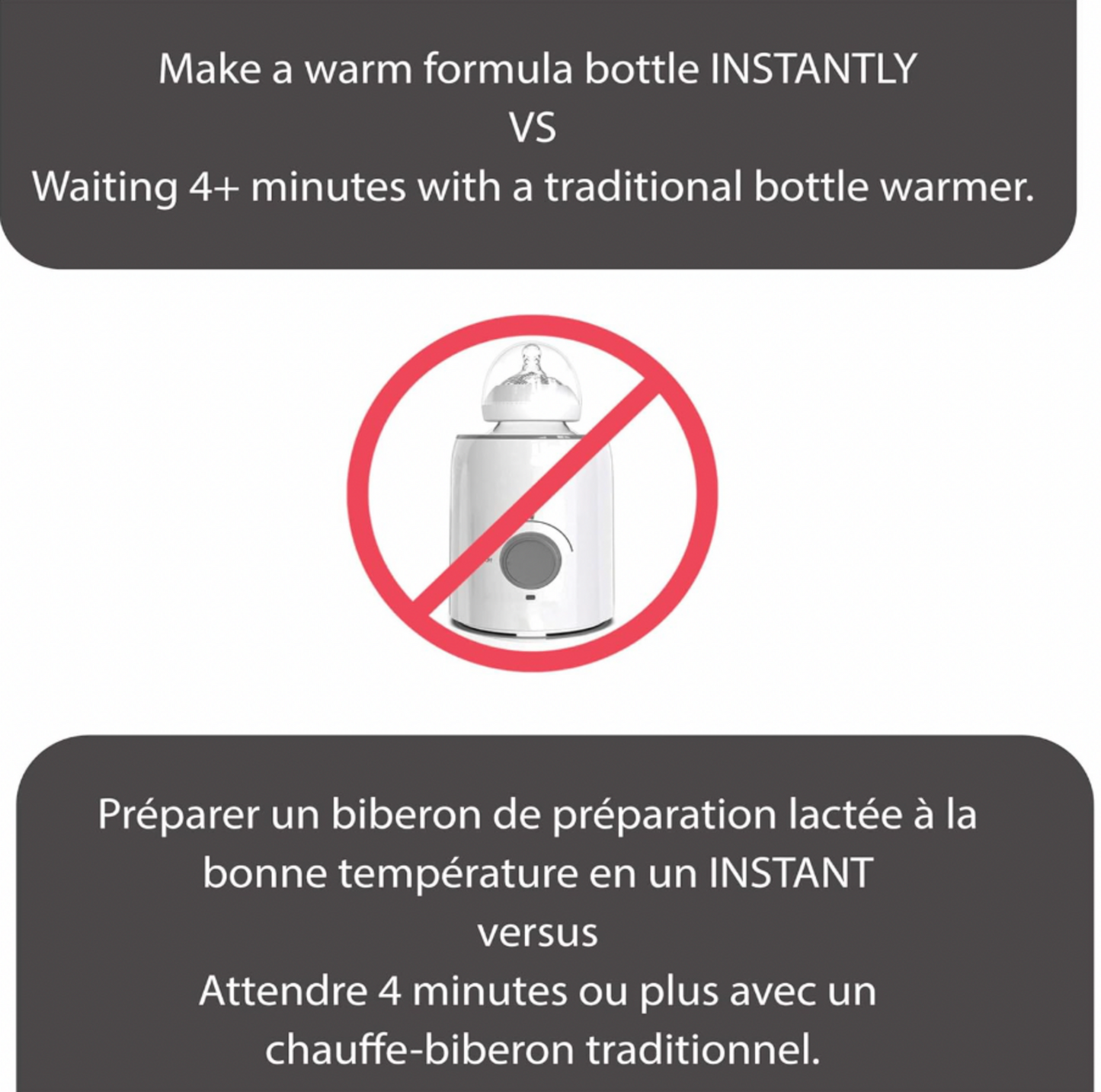 Panneau comparatif bilingue du biberon instantané Baby Brezza par rapport à un chauffe-biberon traditionnel demandant 4 minutes ou plus