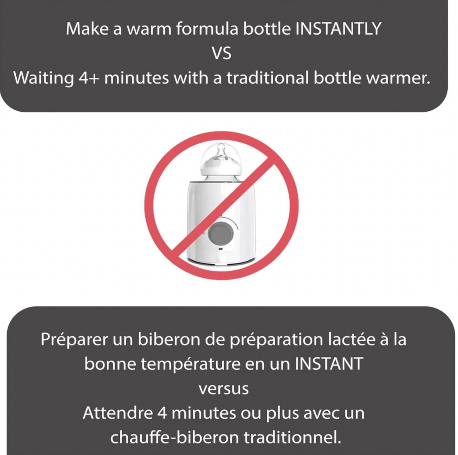 Panneau comparatif bilingue du biberon instantané Baby Brezza par rapport à un chauffe-biberon traditionnel demandant 4 minutes ou plus