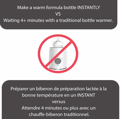 Panneau comparatif bilingue du biberon instantané Baby Brezza par rapport à un chauffe-biberon traditionnel demandant 4 minutes ou plus