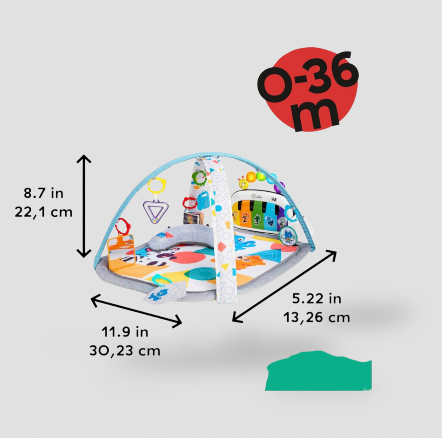 Tapis d'éveil Baby Einstein montré avec mentions de dimensions 11,9 x 5,22 x 8,7 pouces et tranche d'âge 0-36 mois
