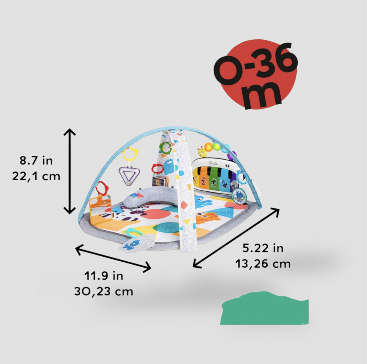 Tapis d'éveil Baby Einstein montré avec mentions de dimensions 11,9 x 5,22 x 8,7 pouces et tranche d'âge 0-36 mois