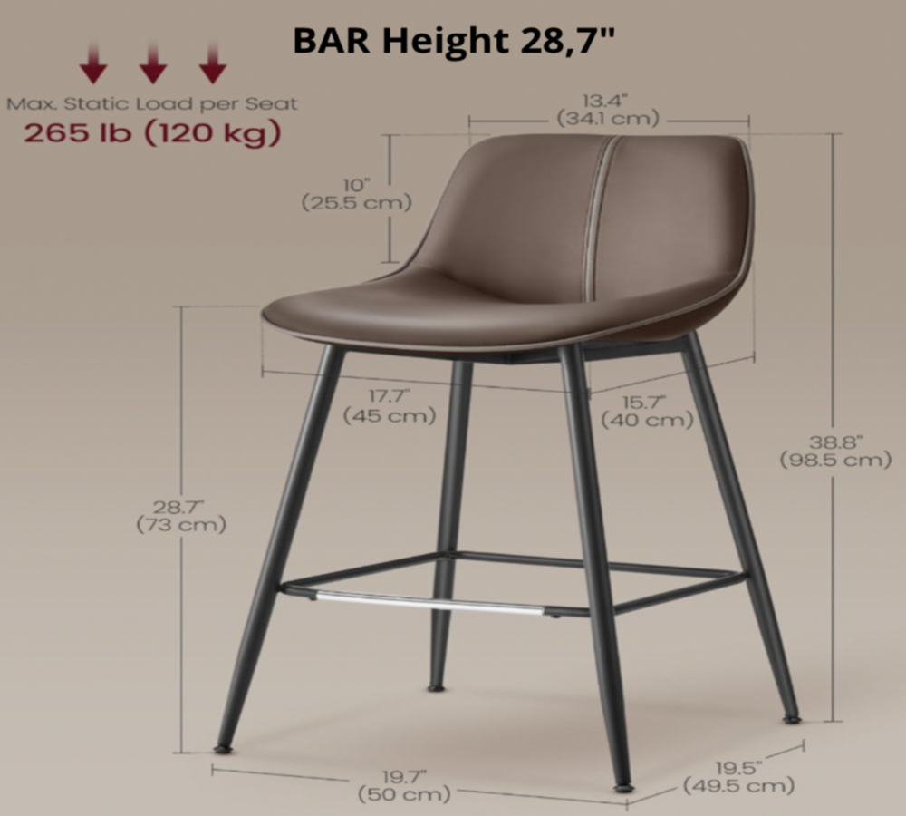Coffee brown bar stool with bar height 28.7 inch and 265 lb capacity dimension callouts