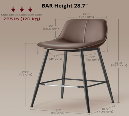 Coffee brown bar stool with bar height 28.7 inch and 265 lb capacity dimension callouts