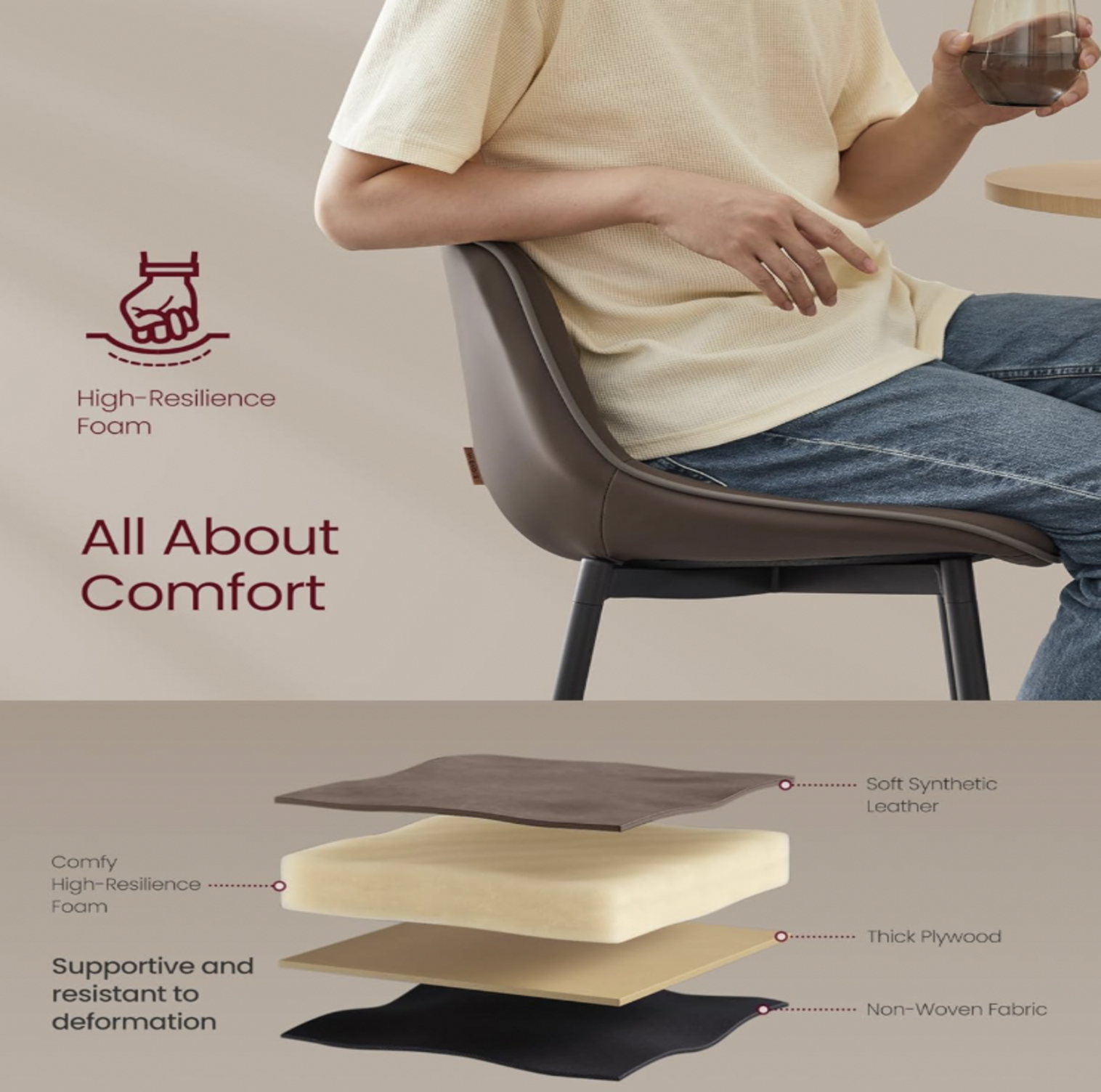 Person seated on coffee brown stool with cushion layer cutaway showing synthetic leather, foam, plywood and non-woven fabric, All About Comfort callout