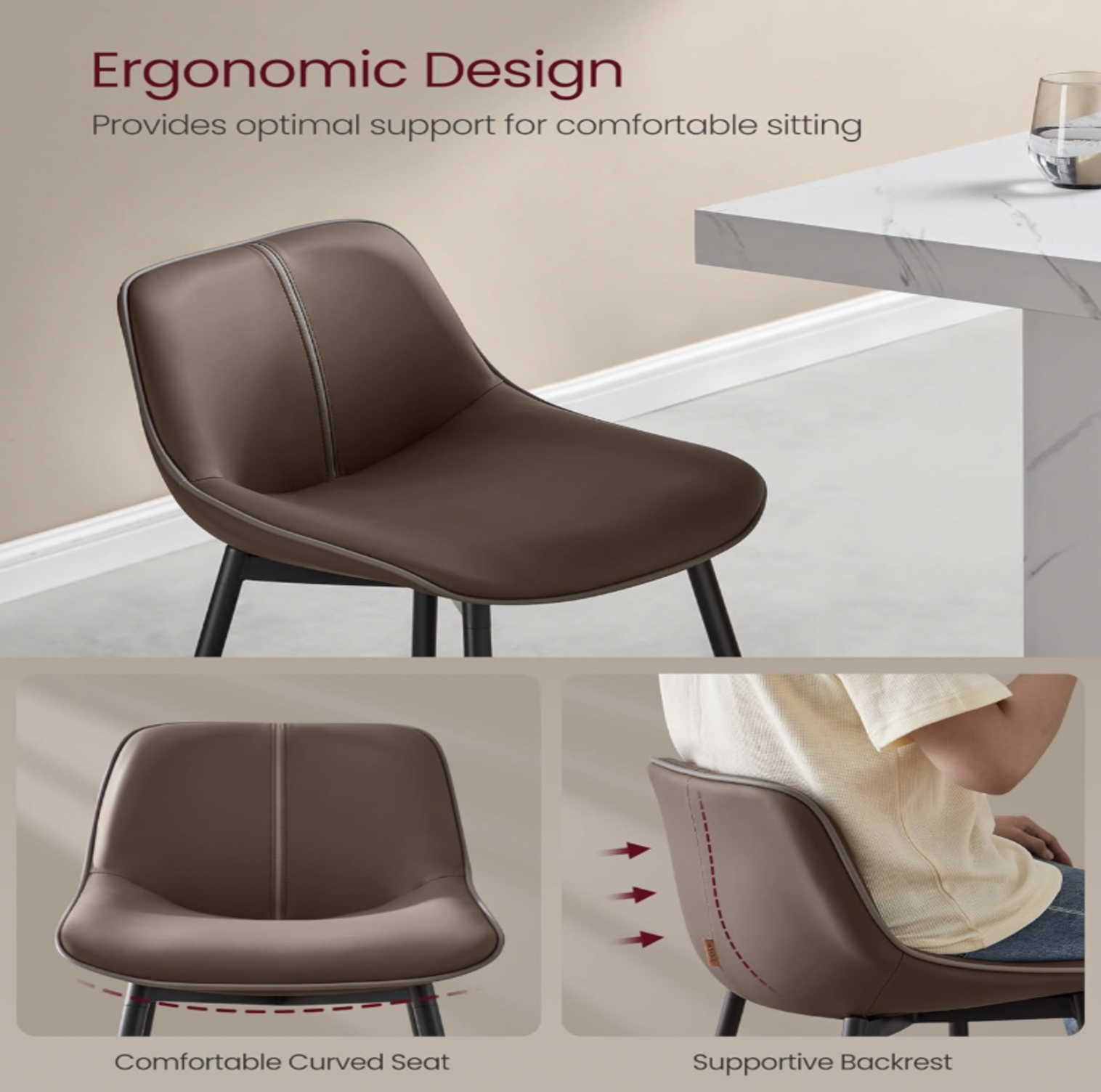 Coffee brown bar stool with insets of curved seat and supportive backrest, Ergonomic Design callout