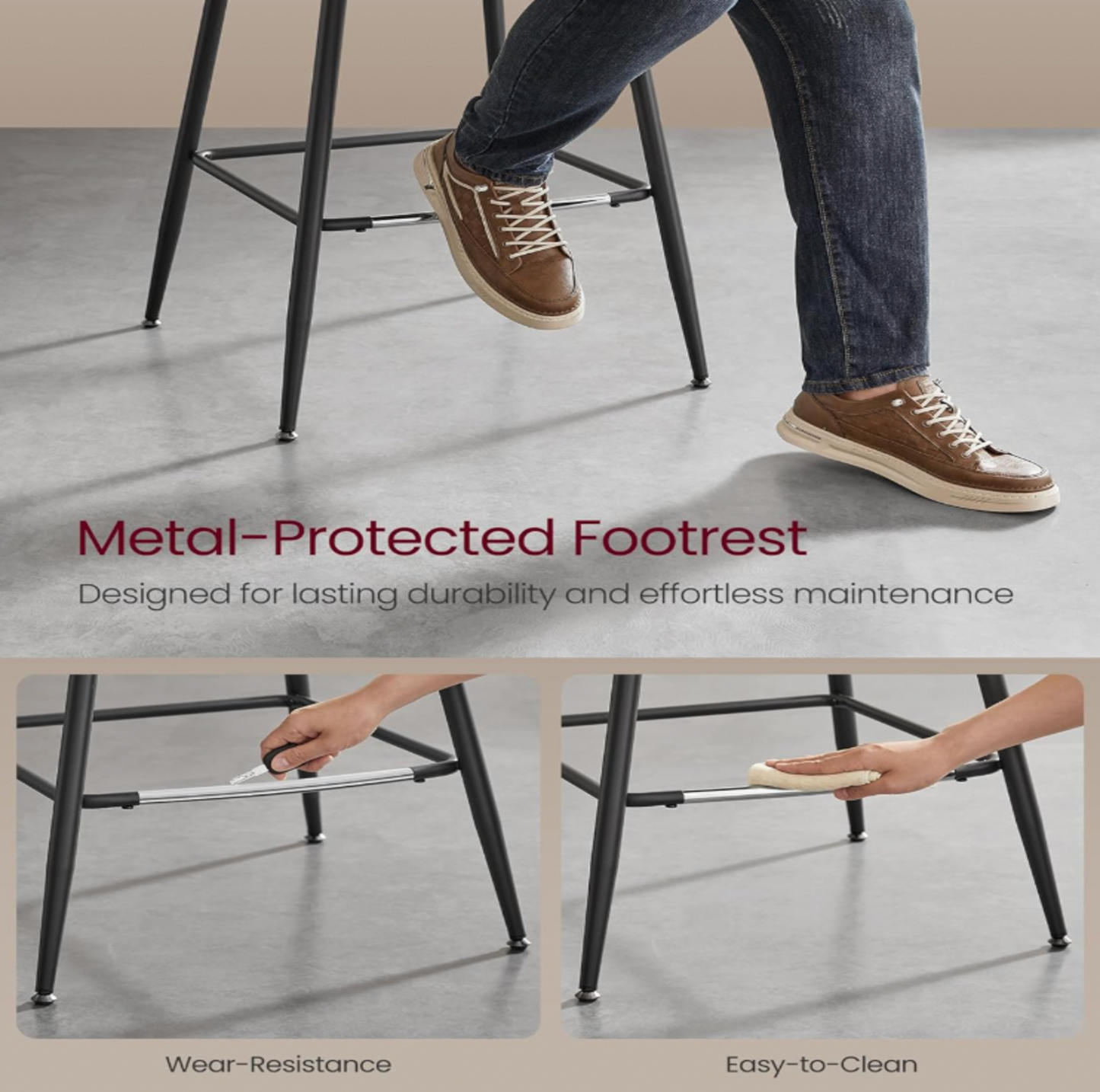 Foot resting on metal footrest of coffee brown bar stool with closeup panels showing wear resistance and easy clean, Metal-Protected Footrest callout