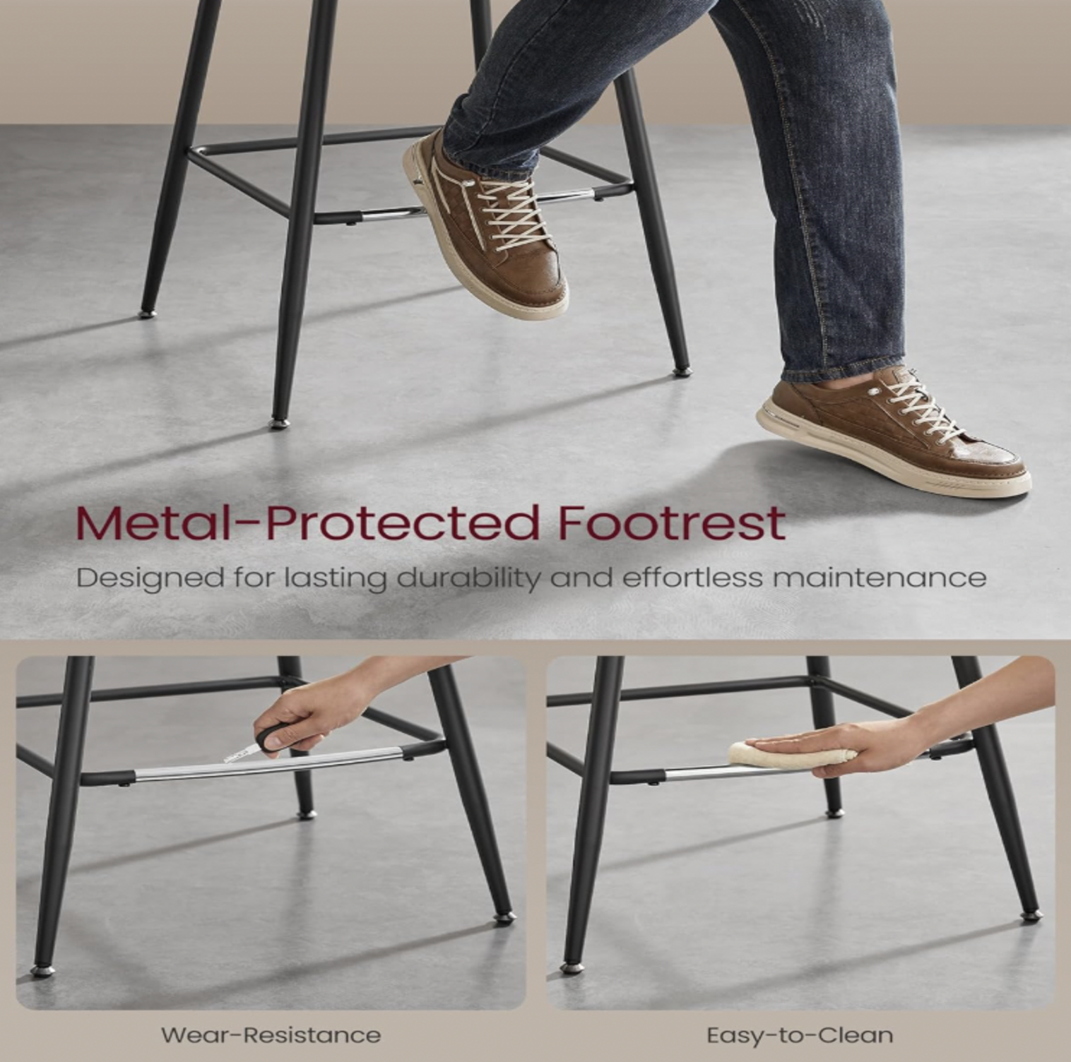 Foot resting on metal footrest of coffee brown bar stool with closeup panels showing wear resistance and easy clean, Metal-Protected Footrest callout