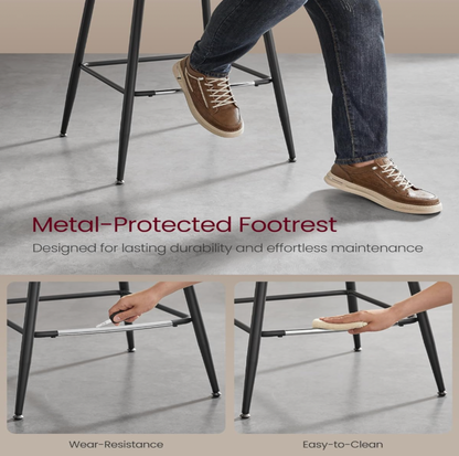 Foot resting on metal footrest of coffee brown bar stool with closeup panels showing wear resistance and easy clean, Metal-Protected Footrest callout