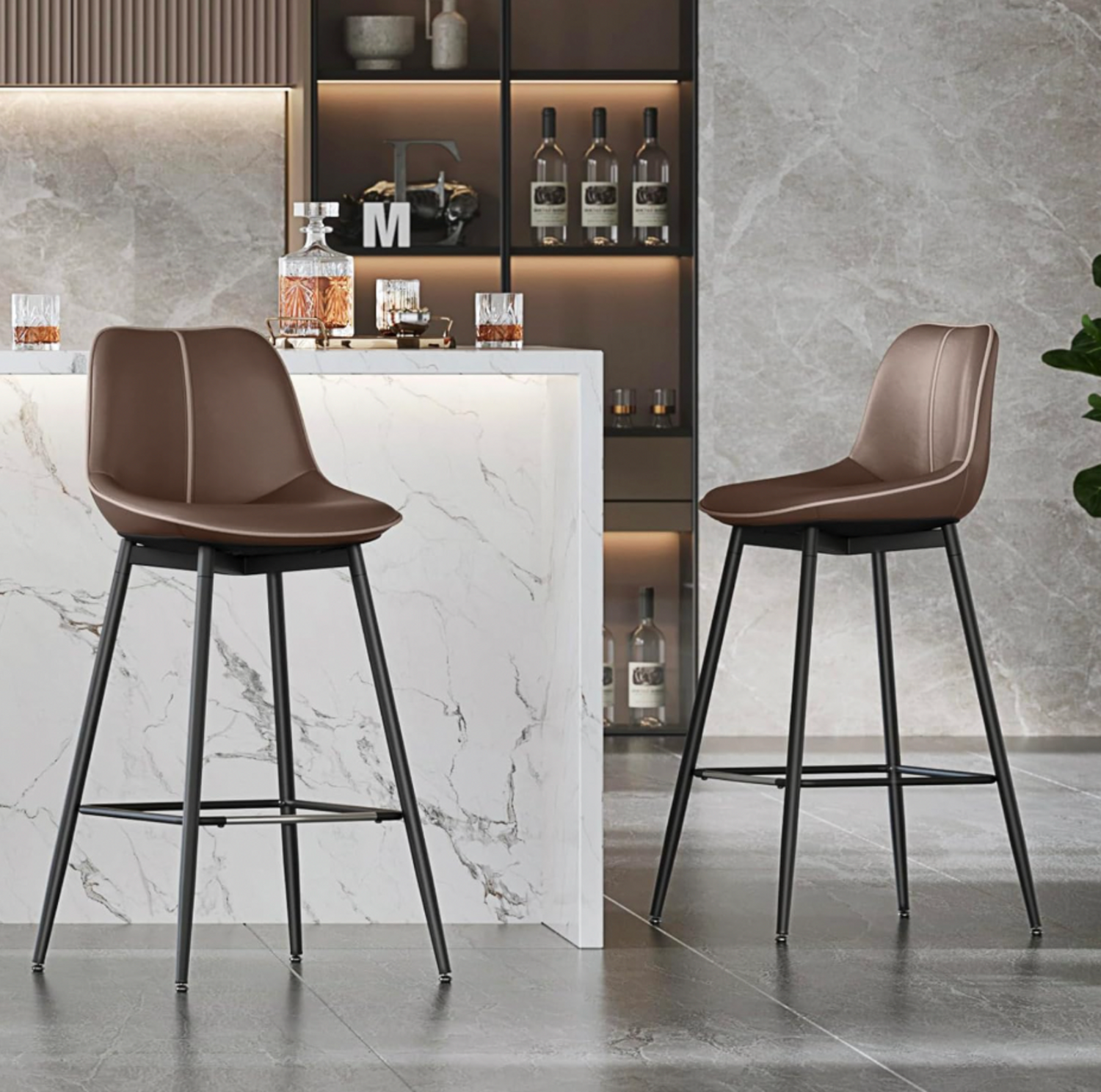 Two coffee brown bar stools at white marble kitchen island with bar shelves and wine bottles in background
