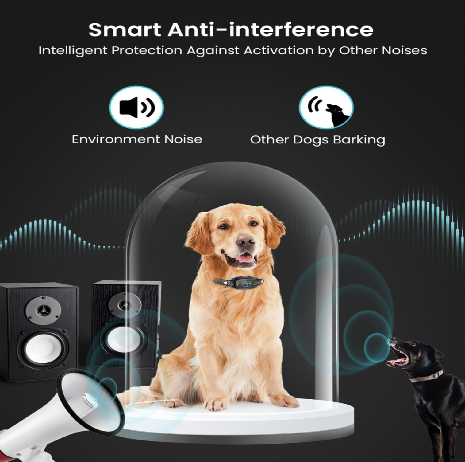 Golden retriever portant le collier anti-aboiement à l'intérieur d'un dôme en verre avec haut-parleur et chien aboyant à l'extérieur, mention Smart Anti-interference pour bruit ambiant et autres chiens qui aboient