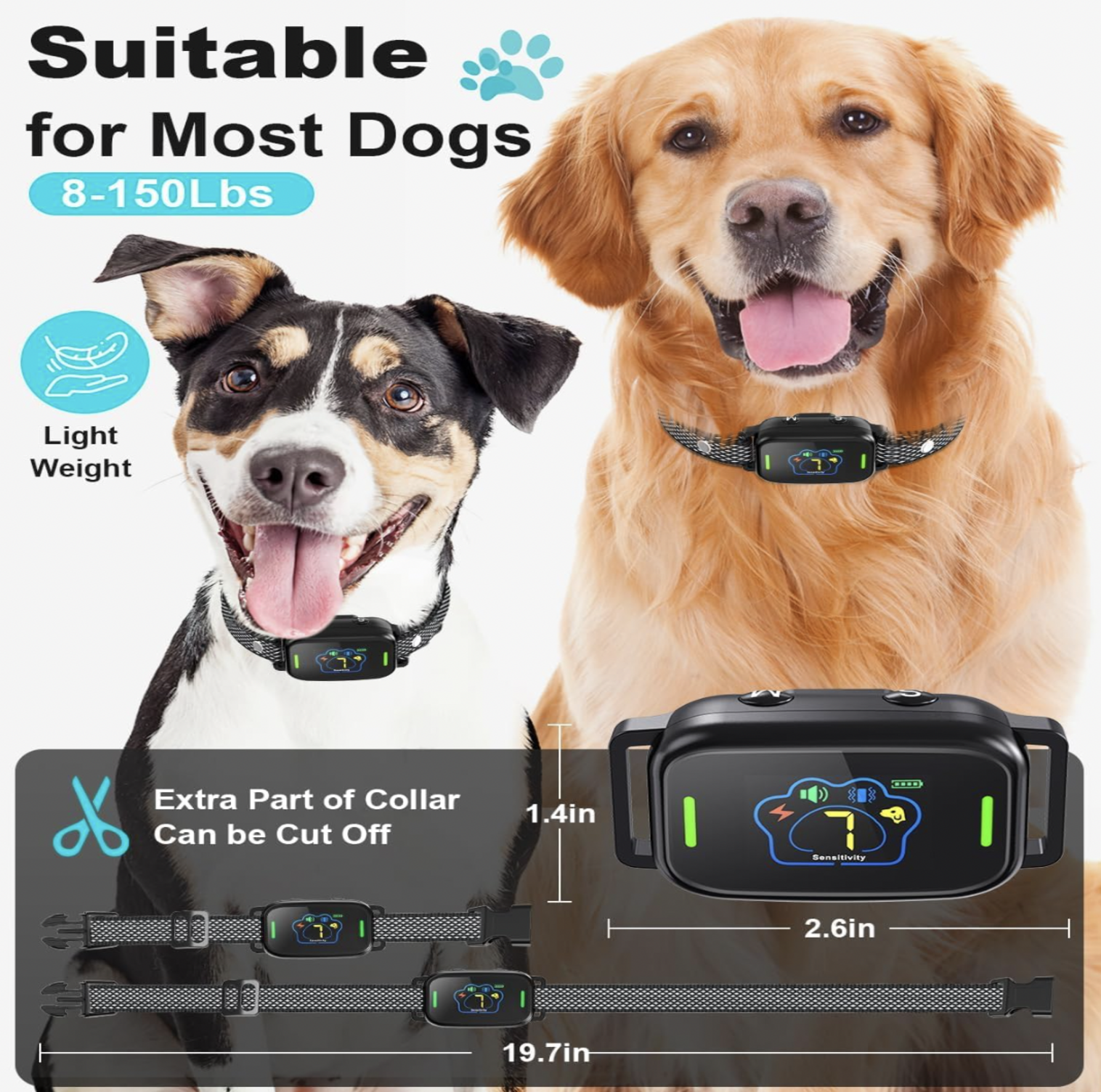 Chien noir et blanc et golden retriever portant tous deux des colliers anti-aboiement avec mentions de longueur de sangle 19,7 pouces, récepteur 1,4 x 2,6 pouces et plage de poids 8-150 lb, mention Suitable for Most Dogs